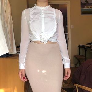 White High Neck Collared blouse w/ mesh sleeves ✨